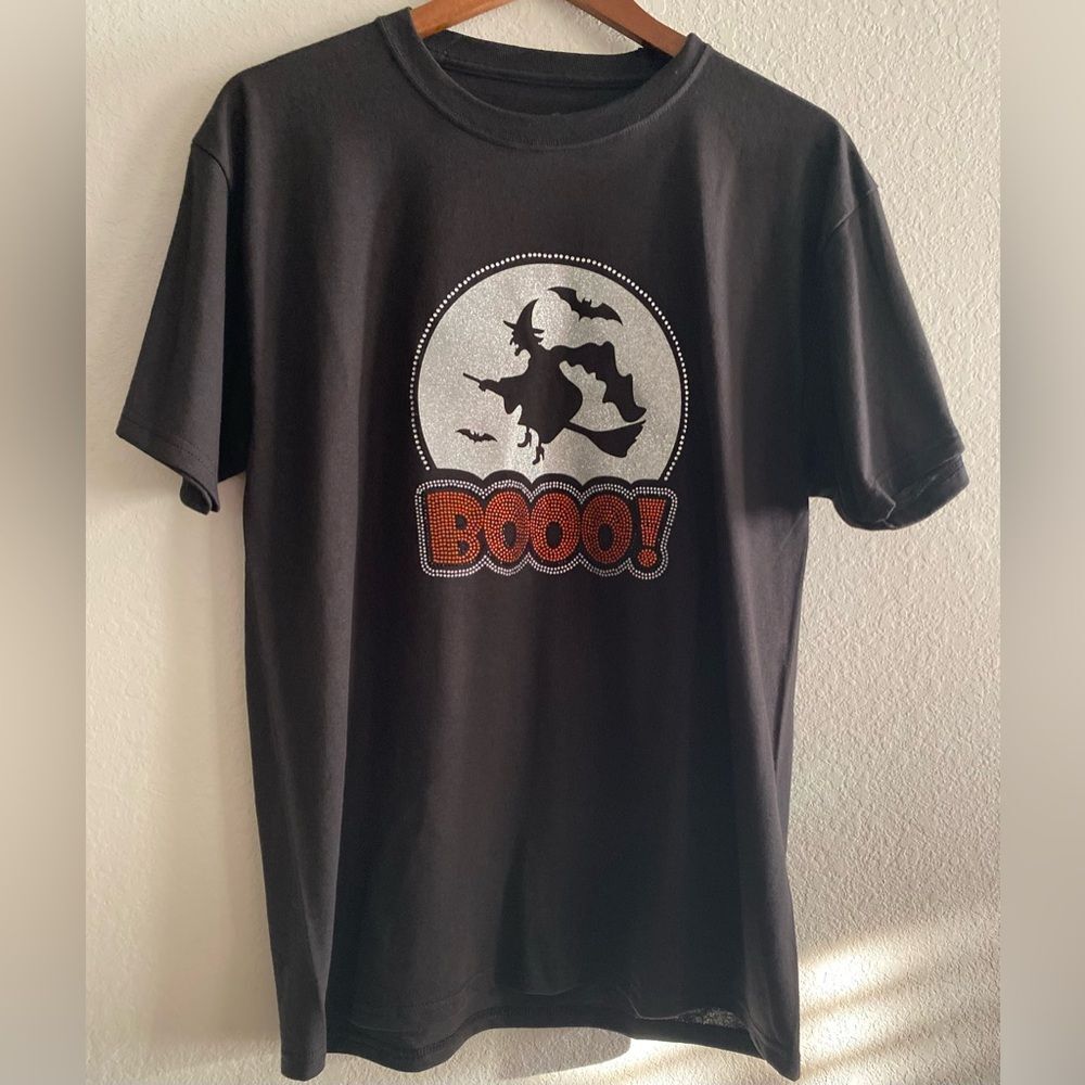 Women Halloween Black T-shirt  Short Sleeve Top Witch BOO Rhinestones M Medium
